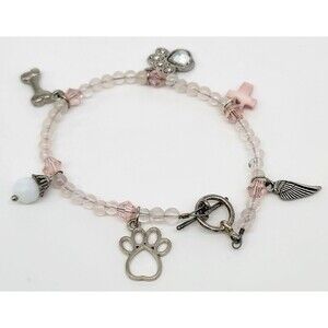 Dog Memorial Charm Bracelet Rose Quartz Swarovski Crystals Silver Tone Metal